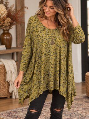 Comfy USA Size S Burnout Tunic Long Sleeve Green Black Asymmetrical Artsy Thin